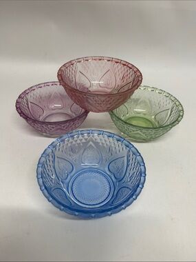 Set of Four Colored  Glass Bowls - Blue, Pink, Green, Purple cut glass